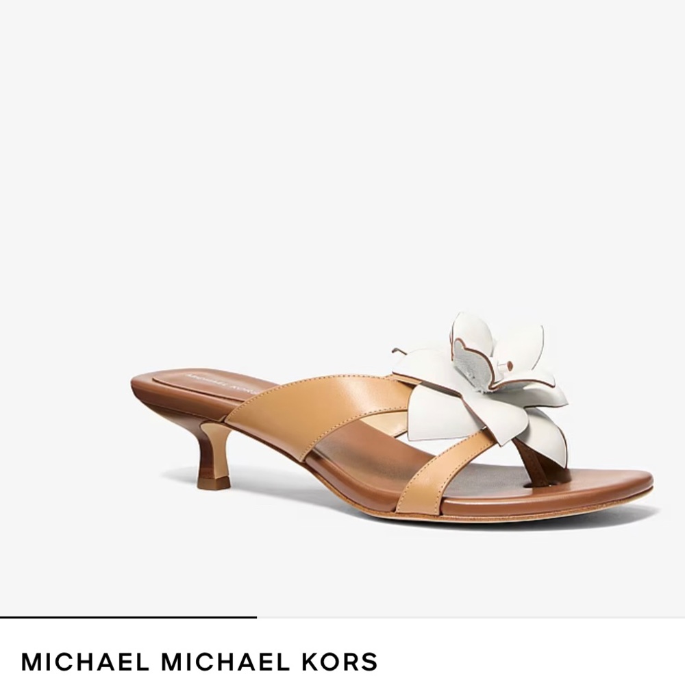 Michael Kors Floral Embellished Leather Kitten Heel Sandal